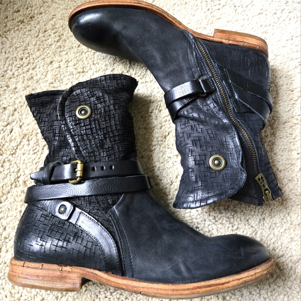 A.S.98 Textured Black Leather Moto Boots